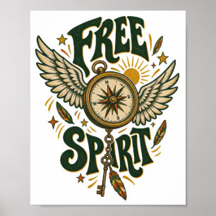 Poster Arte de Parede Bússola Alada Free Spirit Vintage