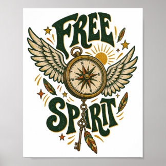 Poster Arte de Parede Bússola Alada Free Spirit Vintage