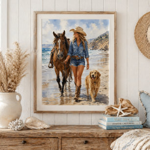 Poster Arte de Parede Caminhada na Praia Cowgirl Costeira