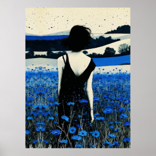 Poster Arte de Parede Campo de Flores Silvestres Azuis So