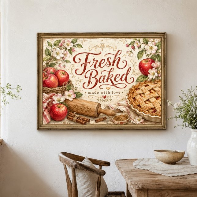 Poster Arte de Parede Casa de Campo Torta de Maçã Cozinha (Fresh Baked Apple Pie Farmhouse Country Rustic Kitchen Wall Art. Many sizes to choose from)