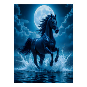Póster Arte de Parede Cavalo Lua Azul Meia-Noite Presen