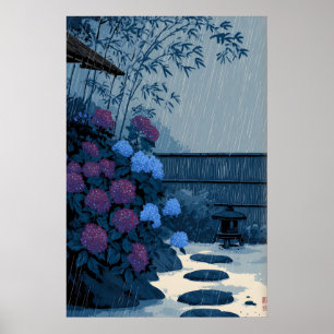 Poster Arte de Parede Chuva Japonesa - Cena de Jardim Sil