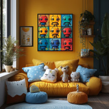 Arte de Parede Colorida em Grid de Robô Pop Art