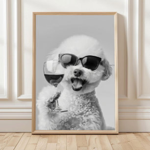 Poster Arte de Parede com Bichon Frise Segurando Vinho, P