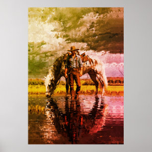 Poster Arte de Parede com Reflexo de Cowboy e Cavalo – Oc