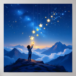 Poster Arte de Parede Criança Estrela Céu Noturno Sonhado