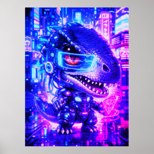 Poster Arte de Parede Cute Cyberpunk Dinossauro Neon Cida