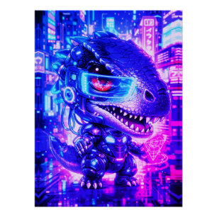 Póster Arte de Parede Cute Cyberpunk Dinossauro Neon Cida