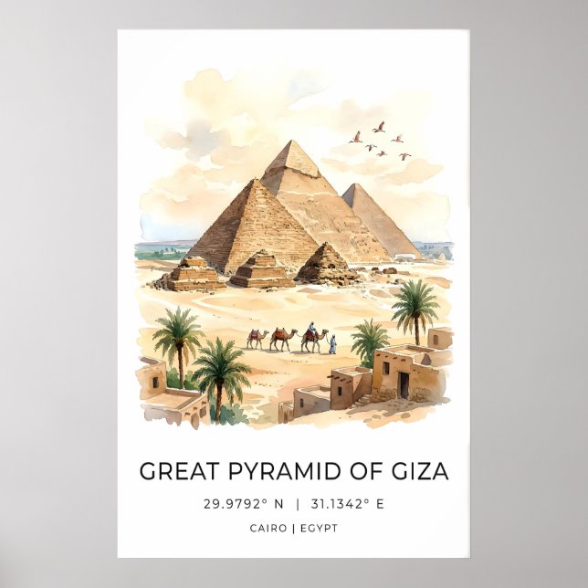 Poster Arte de Parede da Pirâmide de Gizé Aquarela Cena d (Frente)