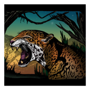 Póster Arte de Parede da Selva com Jaguar Rosnando – Gato