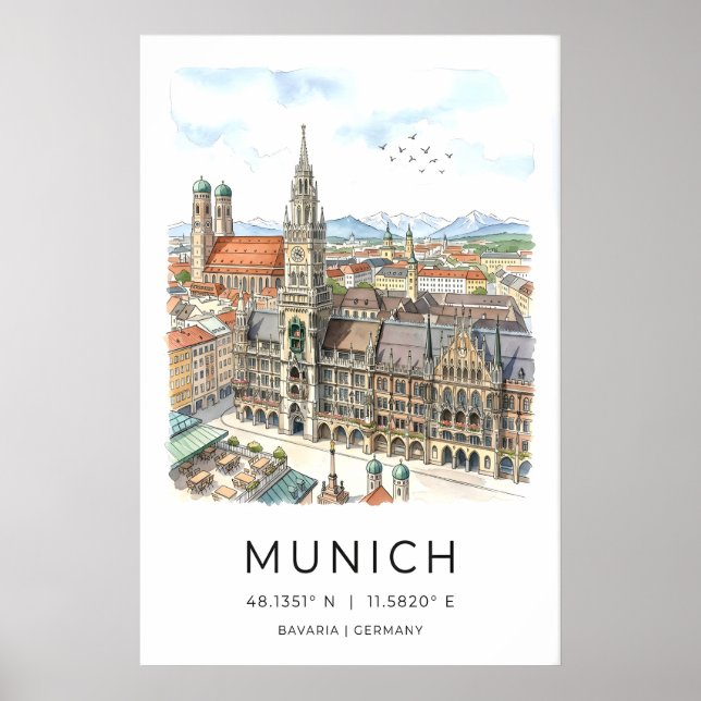 Poster Arte de Parede da Silhueta de Munique - Ilustrado  (Frente)