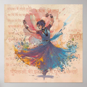 Poster Arte de Parede Dançarina Kathak Aquarela e Tinta H