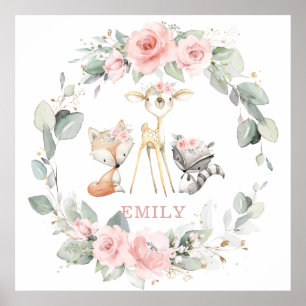 Poster Arte de Parede de Animais da Floresta com Flora Ro