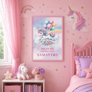 Poster Arte de Parede de Aniversário de Menina Unicórnio