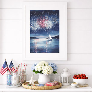 Poster Arte de Parede de Barco à Vela de Fogos de Artifíc