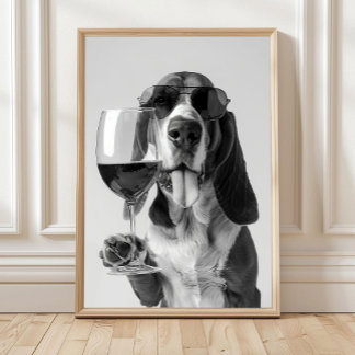 Poster Arte de Parede de Basset Hound Segurando Vinho, Pr
