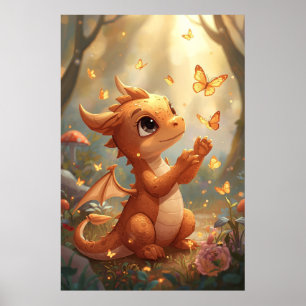 Poster Arte de Parede de Bebê Dragão Fofo com Borboletas 