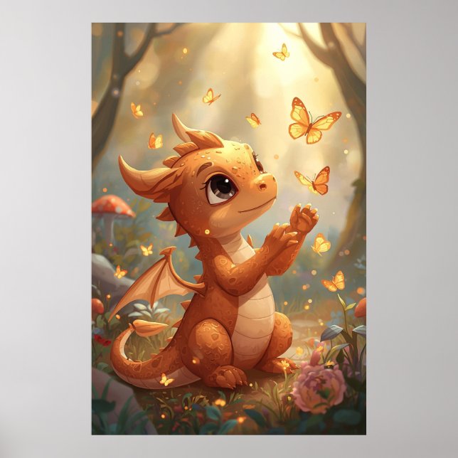 Poster Arte de Parede de Bebê Dragão Fofo com Borboletas  (Frente)