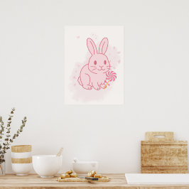 Poster Arte de Parede de Berçário Coelho Rosa Fofo