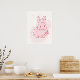 Poster Arte de Parede de Berçário Coelho Rosa Fofo