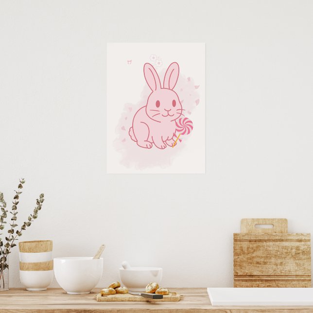 Poster Arte de Parede de Berçário Coelho Rosa Fofo (Cozinha)
