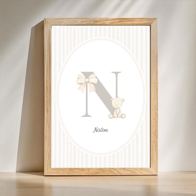 Poster Arte de Parede de Berçário com Letra N Personaliza (Letter N Nursery Wall Art - Custom Baby Name Print)