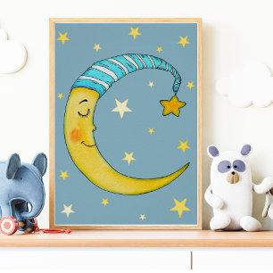 Poster Arte de Parede de Berçário Lua Estrelas Amarelo Az