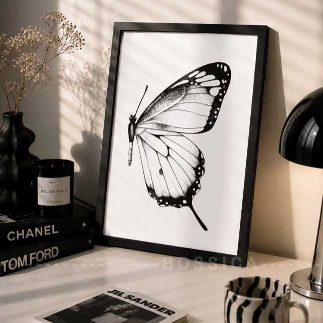 Poster Arte de Parede de Borboleta em Preto e Branco Mini (Minimalist Black & White Butterfly Wall Art Poster | Modern Botanical Nature Print)