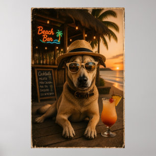 Poster Arte de Parede de Cachorro na Praia Engraçada para