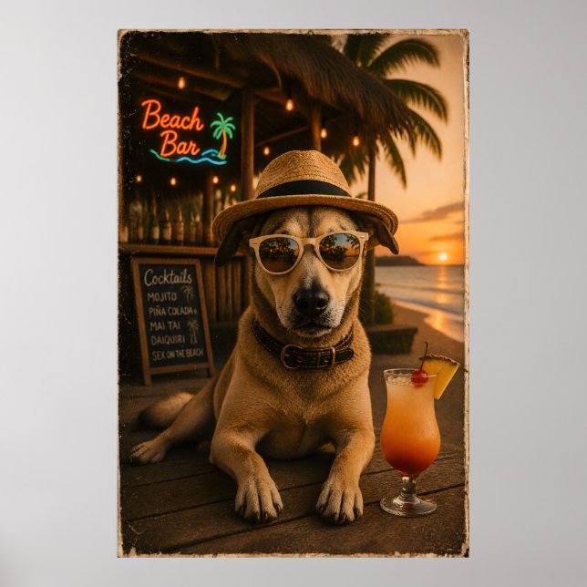 Poster Arte de Parede de Cachorro na Praia Engraçada para (Frente)