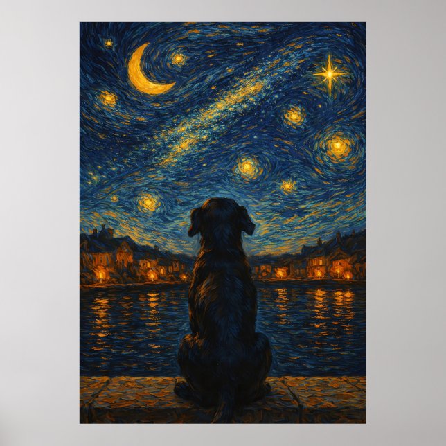 Poster Arte de Parede de Cachorro sob o Céu Estrelado Not (Frente)