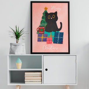 Poster Arte de Parede de Café de Gato Fofo de Natal Rosa