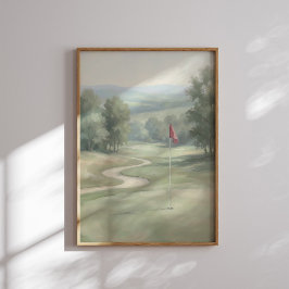 Poster Arte de Parede de Campo de Golfe Antigo com Bandei