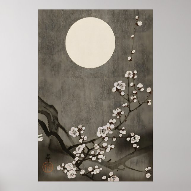 Poster Arte de Parede de Cerejeira em Flor da Lua Japones (Frente)