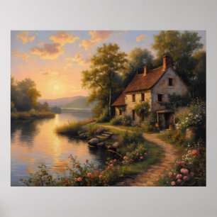 Poster Arte de Parede de Chalé Romântico à Beira do Lago