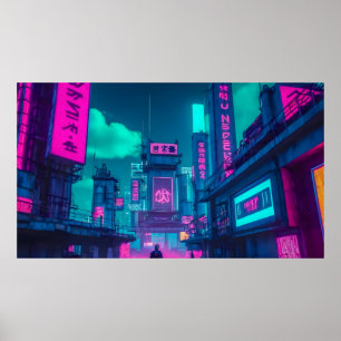 Poster Arte de Parede de Cidade Neon Cyberpunk para Gamer