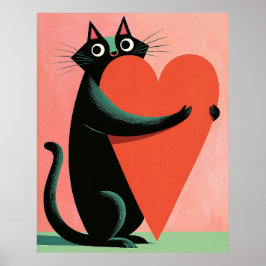 Poster Arte de Parede de Coral Coração de Gato Preto de M