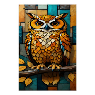 Póster Arte de Parede de Coruja em Vidro Pintado em Tela