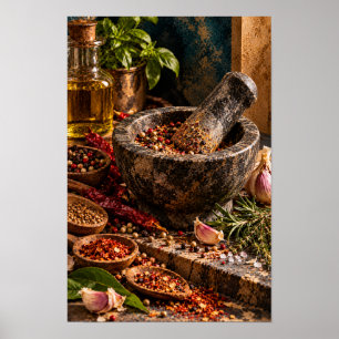 Poster Arte de Parede de Cozinha com Almofariz e Pilão Rú
