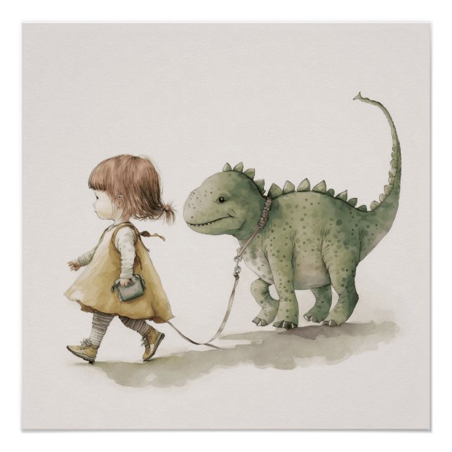 Póster Arte de parede de dinossauro andando menina adoráv (Frente)