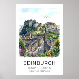 Poster Arte de Parede de Edimburgo com Aquarela Suave da 