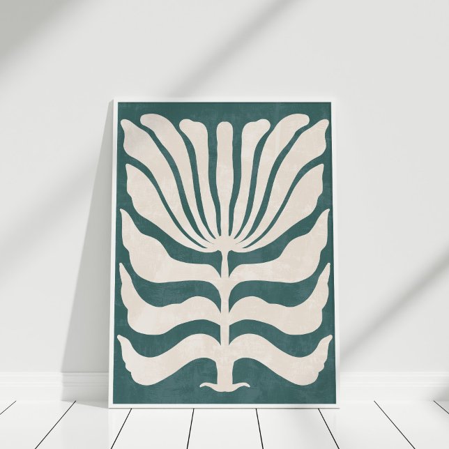 Poster Arte de Parede de Flor Abstrata Groovy Dusty Teal (Boho Blue and White Abstract Flower Wall Art in a white frame against white wall.
)