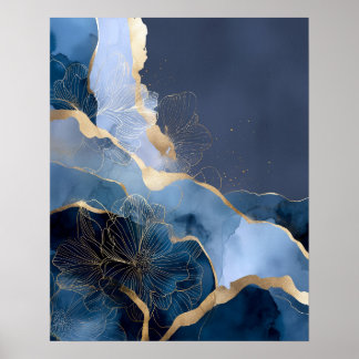 Poster Arte de Parede de Flores Abstratas Modernas Azul M