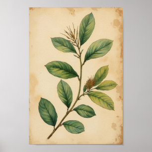 Poster Arte de Parede de Folha Antiga Botânica Verde Oliv