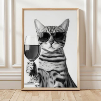 Poster Arte de Parede de Gato Bengal Bebendo Vinho, Preto