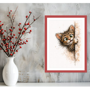 Poster Arte de Parede de Gato Fofo Espiando Minimalista I