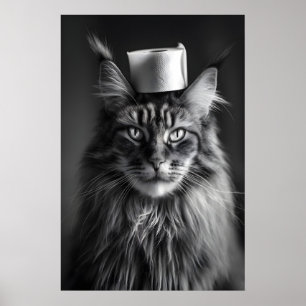 Poster Arte de Parede de Gato Maine Coon, Preto e Branco