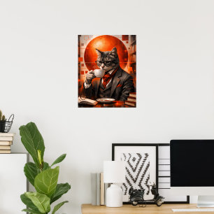 Poster Arte de Parede de Gato Sofisticado Bebendo Café