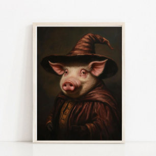 Poster Arte de Parede de Halloween, Porco Feiticeiro Fofo